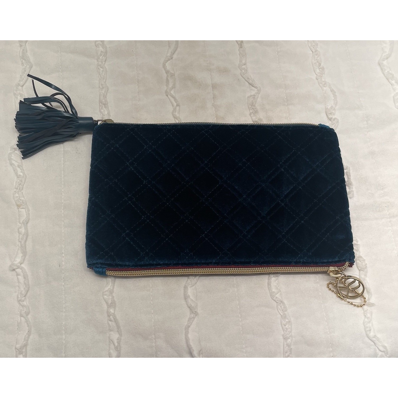 Quilted Green Velvet Clutch Double Sided Zipper Pouch Tassel 9x5" Unused